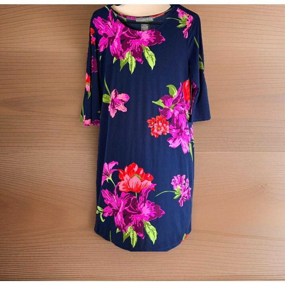 NWT Alexandra + Oak Shift Dress Womens Navy And Pink Floral Flutter Sleeve Sz L